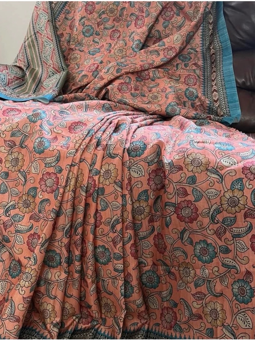Kalamkari print semi tussar saree with ikkat print border